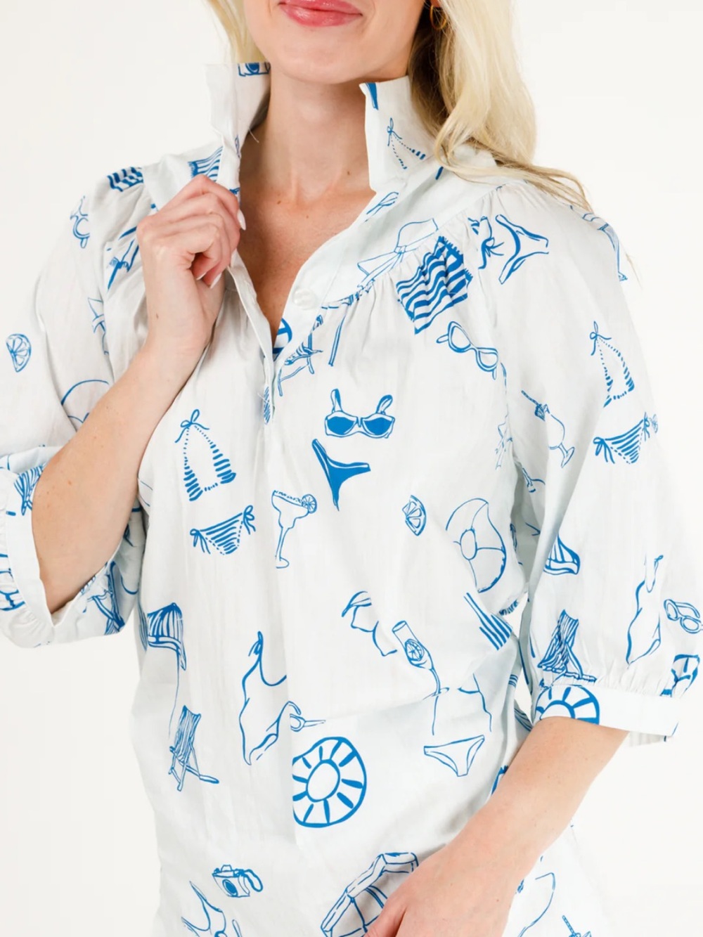 Holly Shae White Tunic Blouse with Blue summer, pool, swim, vacation Print S/M